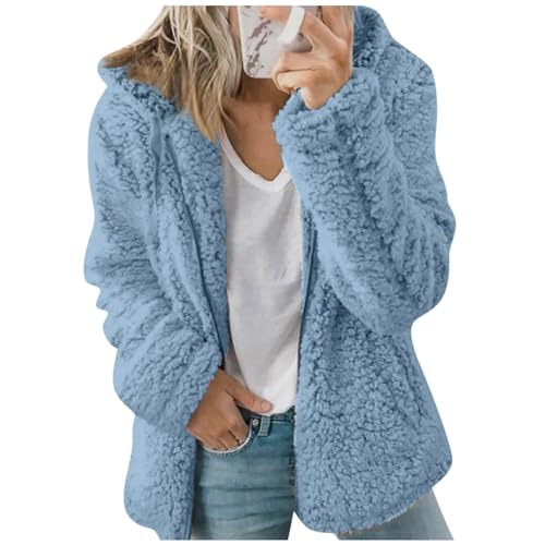 uxxnjfg Fleecejacke Damen mit Kapuze Winterjacke Outdoor Elegant Teddy-Fleece Teddyjacke Hoodie Pullover Sweatshirt Mode Einfarbige Winter Jacket Herbst Wolljacke Strickjacken Für Damen hellblau M von uxxnjfg