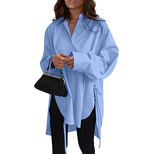 uxxnjfg Hemdbluse Damen Modern Locker Elegante Langarm Longshirt Große Größen Unifarbene Musselin Tunika Oversize Strand Mode Christmas Hawaii Sommer Outfits Herbst Damen Kleidung Blau 4XL von uxxnjfg