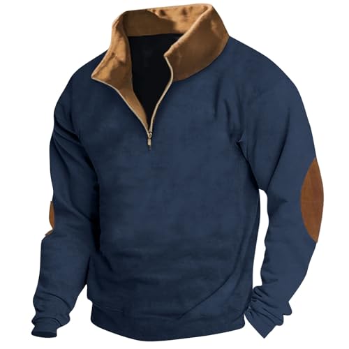 uxxnjfg Herren Pullover Winter Ohne Kapuze Baumwolle Classic Langarmshirt Sport Fleece Stehkragen Oberteile Herbst Langarm Oversized Sweater Weihnachtspullover Blau XL von uxxnjfg