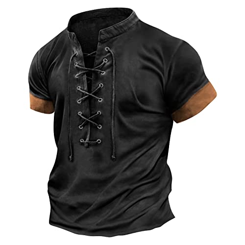 uxxnjfg Herren Vintage Steampunk Poloshirt Vintage Mittelalter Kostüm Barock Wikinger Renaissance Kurzarm Kleidung Halloween Kostüm Herren Böse Gruselig Kostüm Fasching Outfit Cosplay Schwarz XL von uxxnjfg