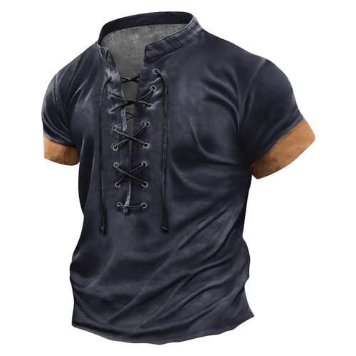 uxxnjfg Herren Vintage Steampunk Poloshirt Vintage Mittelalter Kostüm Wikinger König Pirat Kurzarm Kleidung Kostüm Halloween Herren Retro Horror Kostüm Rave Festival Fasching Outfit Schwarz XXL von uxxnjfg