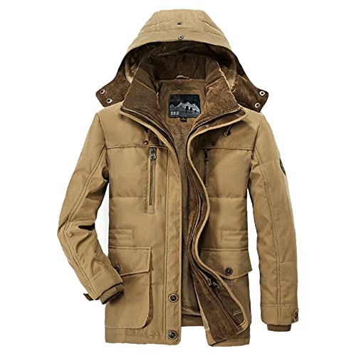 uxxnjfg Jacke Herren Winter Übergangsjacke Warme Kapuzenjacke Zipper Trenchcoat Fleece Oversized Wintermantel Locker Arbeits Übergrößen Outdoor Jacken Wärme Langarm Arbeitsjacke Khaki 3XL von uxxnjfg