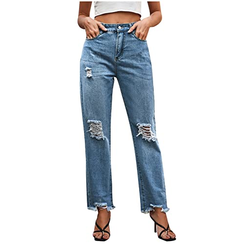 uxxnjfg Jeans Damen Baggy High Waist mit Löchern Damen Hose Freizeit Stretch Jeans Jogging Fitness Slim Fit Boyfriend Jeans Hüfthose Damen Kleidung Clothes Outfits Blau L von uxxnjfg