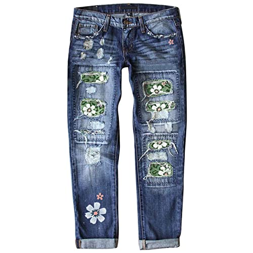 uxxnjfg Jeans Damen Destroyed High Waist mit Aufdruck Jeanshosen Stretch Freizeit Jeans Straight Outdoor Festliche Boyfriend Jeans Freizeithosen Für Damen Kleidung Clothes Outfits Grün XL von uxxnjfg