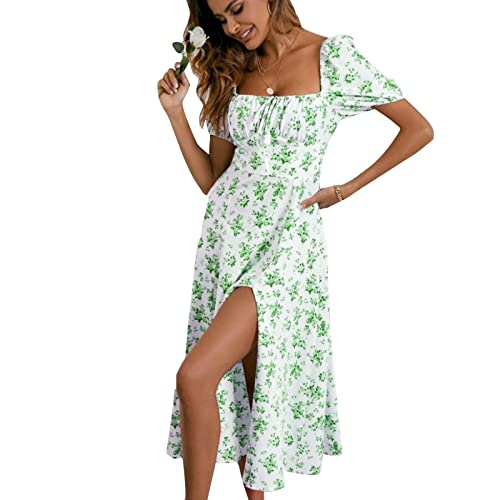 uxxnjfg Kleider Damen Sommer Elegant, Sommerkleid Damen Elegant Boho Sommerkleid Knielang Blumen Strand Freizeitkleider Leicht Und Luftig Maxikleid Baumwolle Damenkleider Kurzarm Grün XL von uxxnjfg