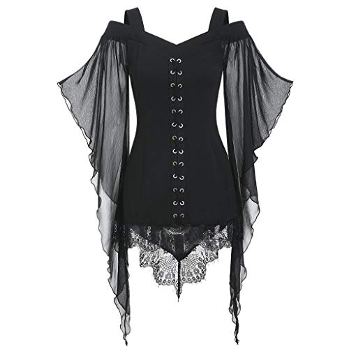 uxxnjfg Kostüm Halloween Damen Retro Bluse Hexe Teufel Vampir Mit Spitze Fledermausärmel Kleid Barock Fasching Steampunk Kostüm Übergröße Böse Mittelalter Kleid Festliche Kleidung Schwarz XL von uxxnjfg