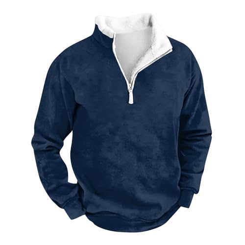 uxxnjfg Langarmshirt Herren Sweatshirt Fleece Warme Stehkragen Langarmshirt Ohne Kapuze Geschenke Für Männer Classic 1/4 Zip Langarm Sweater Herbst Oberteile Freizeit Poloshirt Marine 3XL von uxxnjfg