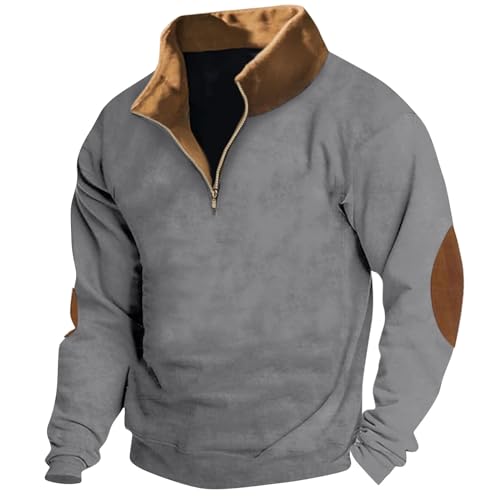 uxxnjfg Langarmshirt Herren Winter Ohne Kapuze Fleece Classic Pullover Männer Geschenke Sport Warme Stehkragen Langarmshirt Herbst Langarm Vintage Arbeitspullover Fleecepullover Grau 4XL von uxxnjfg