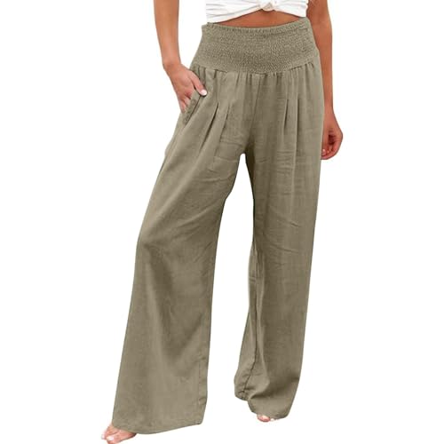 uxxnjfg Leichte Sommerhose Damen Chino Leinenhose Damen Sommer Weite Luftige Hose Freizeithose Leinen Yoga Marlenehose Relaxhose Pumphose High Waist Linen Pants Women(Grau,XL) von uxxnjfg