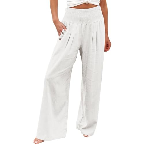 uxxnjfg Leichte Sommerhose Damen Palazzo Leinenhose Damen Sommer Weite Baumwolle Hosen Freizeithose Luftige Leinen Marlenehose Relaxhose Pumphose High Waist Wide Leg Pants Women(Weiß,XL) von uxxnjfg