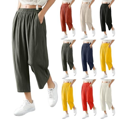 uxxnjfg Leinenhose Damen Sommer 7/8 Sommerhosen Damen Leicht Und Luftig Weite Baggy Hose Stoffhose Elegante Boho Marlenehose Relaxhose Outdoorhose High Waist Wide Leg Pants Women(Armeegrün,XXL) von uxxnjfg