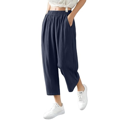 uxxnjfg Leinenhose Damen Sommer Palazzo Sommerhose Damen Leicht Weite Leinen Hosen Stoffhose Elegante Boho Marlenehose Relaxhose Strandbekleidung High Waist Wide Leg Pants Women(Marine,XL) von uxxnjfg
