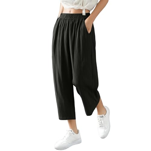 uxxnjfg Leinenhose Damen Sommer Palazzo Sommerhosen Damen Leicht Und Luftig 7/8 Boho Hosen Stoffhose Baggy Baumwolle Marlenehose Relaxhose Outdoorhose High Waist Wide Leg Pants Women(Schwarz,XXL) von uxxnjfg