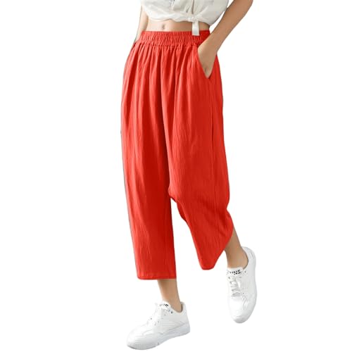 uxxnjfg Leinenhose Damen Sommer Palazzo Sommerhosen Damen Leicht Und Luftig 7/8 Leinen Hosen Freizeithose Boho Luftige Marlenehose Pumphose Relaxhose High Waist Linen Pants Women(Rot,XXL) von uxxnjfg