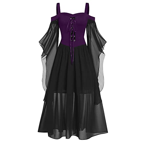 uxxnjfg Mittelalter Kleidung Damen Gothic Kleid Mit Spitze Hexen Vampir Königin Glockenärmel Kleid Victorian Barock Gothic Fasching Kostüme Horror Relaxo Mittelalter Kleid Damen Dunkelviolett 5XL von uxxnjfg