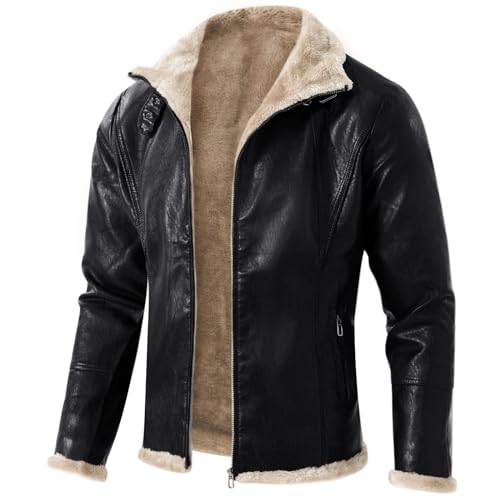 uxxnjfg Motorradjacke Herren Lederjacke Bomberjacke Gefüttert Echtleder Umlegekragen Winterjacke Angebote Des Tages Heute Sherpa Mode College Jacken Herbst Outdoor Leather Jacket Men Schwarz 3XL von uxxnjfg