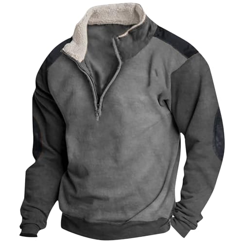 uxxnjfg Pullover Herren Winter Ohne Kapuze Baumwolle Classic Sweatshirt 80er Jahre Outfit Herren Warme Fleece Stehkragen Langarmshirt Herbst Vintage Arbeitspullover Weihnachtspullover Grau XXL von uxxnjfg