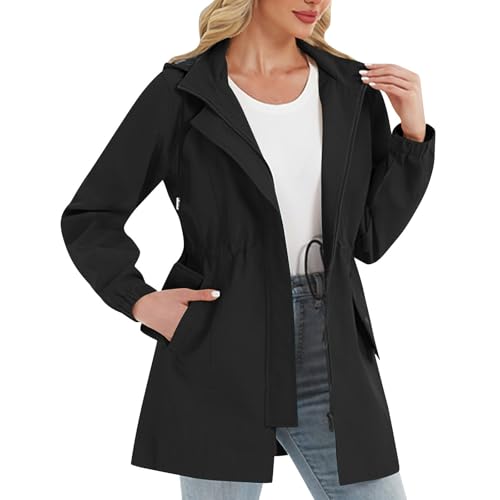 uxxnjfg Regenjacke Damen Wasserdicht Atmungsaktiv Leicht - 2025 Regenmantel Damen Mit Kapuze Windjacke Lang Wandern Funktionsjacke Übergangsjacke Outdoor Windbreaker Jacke Für Frauen(Schwarz,S) von uxxnjfg