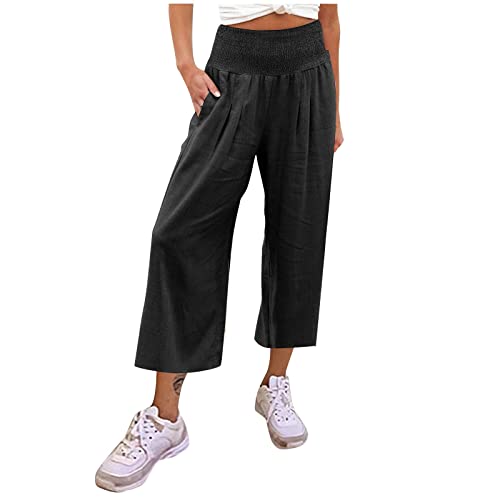 uxxnjfg Sommerhose Damen Leicht 7/8 Hosen Damen Sommer Leinen Culottes Palazzo Hose Caprihose Freizeithose Linen Pants Women Mit Gummizug Stretch Baggy Schlaghose Strandhose Outfits(Schwarz,M) von uxxnjfg