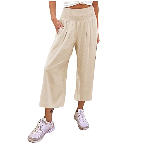 uxxnjfg Sommerhose Damen Leicht 7/8 Hosen Damen Sommer Leinen Palazzo Musselin Hosen Yogahose Caprihose Linen Pants Women Große Größen Luftige Dünne Strandhose Schlaghose Outfits(Weiß,XL) von uxxnjfg