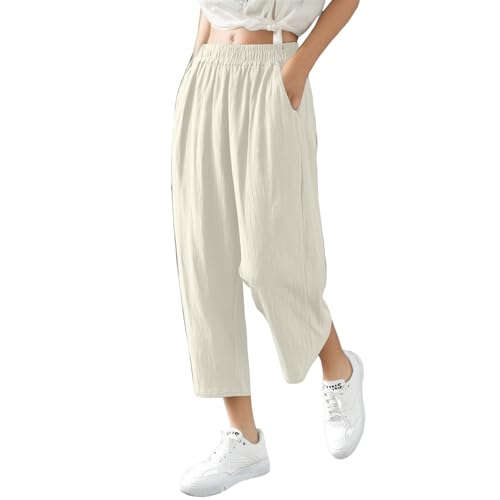 uxxnjfg Sommerhose Damen Leicht 7/8 Leinenhose Damen Sommer Chino Elegante Hosen Marlenehose Leinen Baumwolle Stoffhose Outdoorhose Strandbekleidung High Waist Wide Leg Pants Women(Weiß,XXL) von uxxnjfg