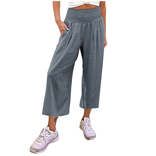 uxxnjfg Sommerhose Damen Leicht Culotte Damen Sommer Leinen Culottes Palazzo Hose Freizeithose Yogahose Linen Pants Women Große Größen Stretch Locker Strandhose Schlaghose Outfits(Grau,L) von uxxnjfg