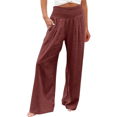 uxxnjfg Sommerhosen Damen Leicht Und Luftig Palazzo Leinenhose Damen Sommer Chino Elegante Hose Freizeithose Yoga Baggy Stoffhose Pumphose Strandbekleidung High Waist Linen Pants Women(Rot,S) von uxxnjfg