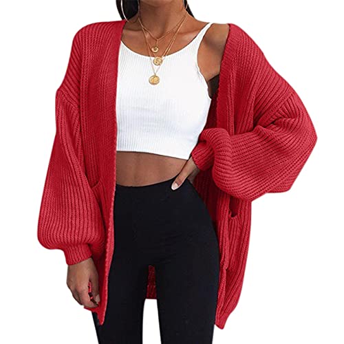 uxxnjfg Strickjacken Für Damen Langarm Casual Winterjacke Locker Modern Große Größen Outdoor Oversize Strickmantel Herbst Elegante Offene Winter Stitch Kostüm Umstandsmode Pullover Oberteile Rot M von uxxnjfg