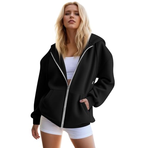 uxxnjfg Sweatjacke Damen Mit Kapuze Baumwolle Casual Hoodie Damen Oversize Reißverschluss Langarm Vintage Hoody Jacke Basic Herbst Winter Outfit 2025 Teenager Mädchen Kapuzenjacke(Schwarz,S) von uxxnjfg