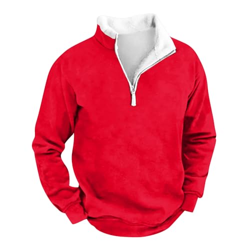 uxxnjfg Sweatshirt Herren Sweatshirt Winter Fleece Stehkragen Oberteile Ohne Kapuze Angebote des Tages Heute Classic 1/4 Zip Langarm Sweater Herbst Thermo Arbeits Arbeitspullover Rot XXL von uxxnjfg