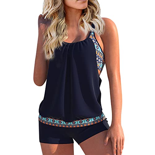 uxxnjfg Tankini Damen Bauchweg Zweiteiliger Bademode Große Größen Tankinis Für Damen Badeanzug Set Curvy Badetop Push Up Oberteil Mit High Waist Schwimmhose Swimsuits Strandmode(Dunkelblau,3XL) von uxxnjfg