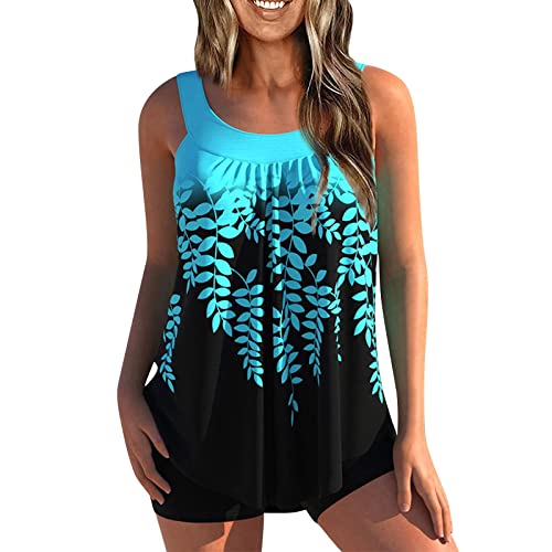 uxxnjfg Tankini Damen Große Größen Set Badeanzug Bauchweg Tankini Mit Shorts Bademode Zweiteilig Push Up Badetop Curvy Oberteil Mit High Waist Badeshorts Swimsuits Strandmode(Blau,XXXXL) von uxxnjfg