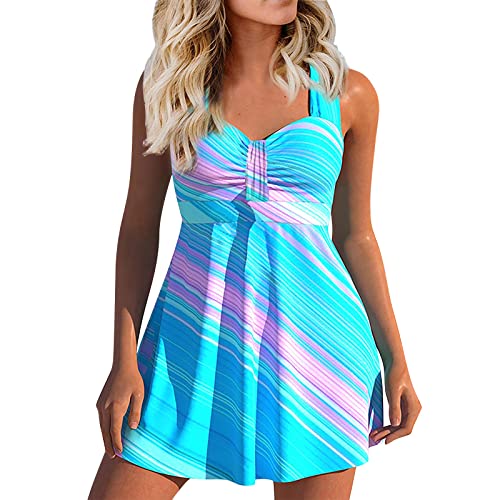 uxxnjfg Tankini Damen Große Größen Set Badeanzug Bauchweg Tankinis Für Damen Bademode Zweiteiliger Curvy Badetop Push Up Oberteil Mit High Waist Badeshorts Swimsuits Strandmode(Blau,XXL) von uxxnjfg