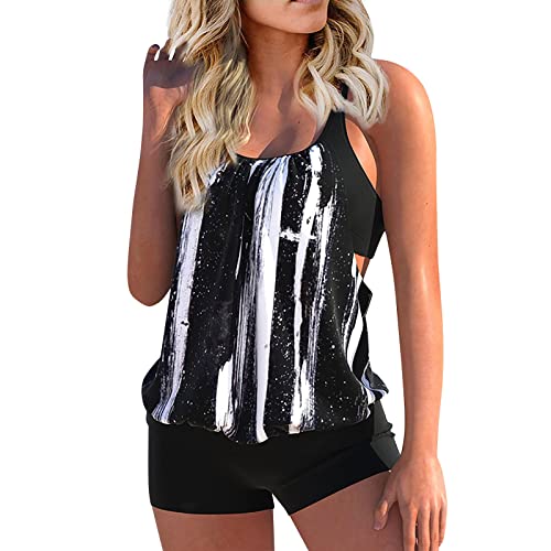 uxxnjfg Tankini Damen Große Größen Set Bademode Bauchweg Tankinis Für Damen Badekleid Zweiteiliger Curvy Oberteil Push Up Badetop Mit High Waist Schwimmhose Swimsuits Strandmode(Schwarz,5XL) von uxxnjfg