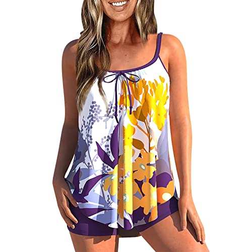 uxxnjfg Tankini Damen Große Größen Zweiteiliger Bademode Bauchweg Tankinis Für Damen Badeanzug Set Curvy Oberteil Push Up Badetop Mit High Waist Badeshorts Swimsuits Strandmode(Lila,L) von uxxnjfg