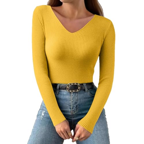 Tops Für Damen Elegant V Ausschnitt Langarmshirt Pullover Für Damen Winter Baumwolle Locker Freizeit Damenpullover Oberteile Frühling Sweatshirts Tunika Long Sleeve Shirt Women(Gelb,S) von uxxnjfg