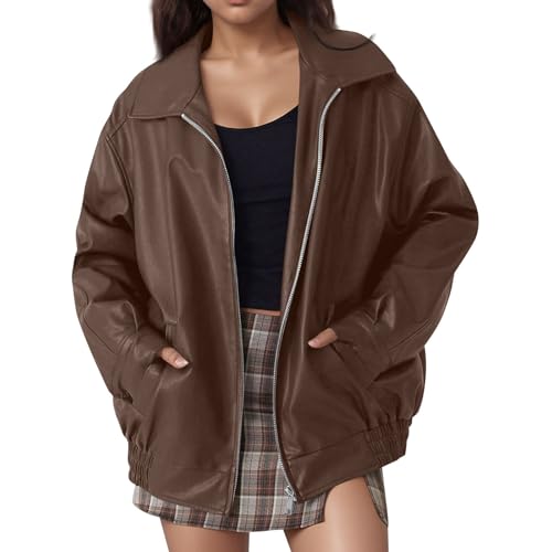 uxxnjfg Wildlederjacke Damen Bomberjacke Oversized Lederjacke Damen Braun Wildleder Suede Bikerjacke Winter Elegant Blouson Jacke Leder Kurze Herbstjacke(Braun,M) von uxxnjfg