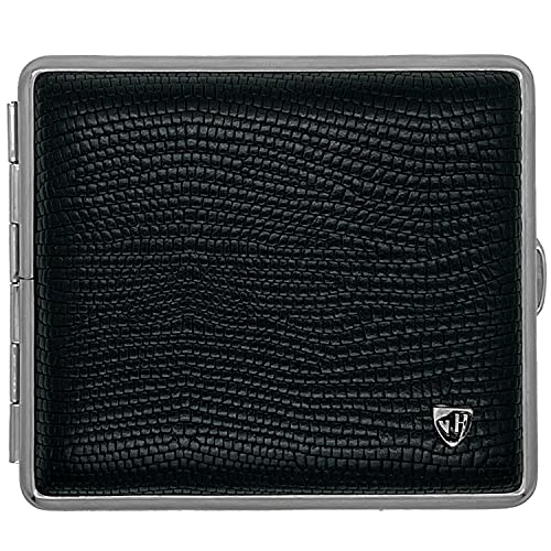 v.H. Zigarettenetui für 18 Zigaretten (85mm normale Größe), schwarzes Echtleder in Eidechsenlook, Rahmen Nickel, mit Gummiband - Metall Box mit Gummiband - handgefertigt in Deutschland von v.H 1912 VOM HOFE MANUFAKTUR