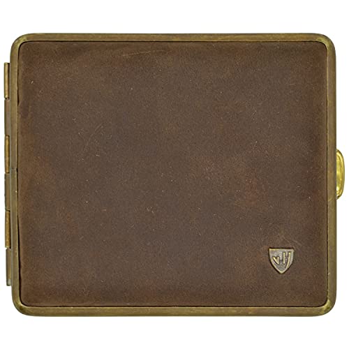 v.H Zigarettenetui für 18 Zigaretten (85mm normale Größe), Dunkelbraunes Echtleder mit Emblem, Rahmen Altmessing, mit Gummiband - Metall Box mit Gummiband - handgefertigt in Deutschland von v.H 1912 VOM HOFE MANUFAKTUR