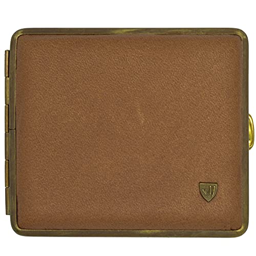 v.H Zigarettenetui für 18 Zigaretten (85mm normale Größe), Hellbraunes Echtleder Hirsch mit Emblem, Rahmen Altmessing, mit Gummiband - Metall Box mit Gummiband - handgefertigt in Deutschland von v.H 1912 VOM HOFE MANUFAKTUR
