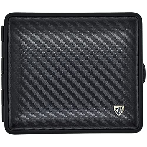 v.H Zigarettenetui für 18 Zigaretten (85mm normale Größe), Schwarzes Echtleder im Carbon - look, Rahmen matt schwarz, mit Gummiband - Metall Box mit Gummiband - handgefertigt in Deutschland von v.H 1912 VOM HOFE MANUFAKTUR