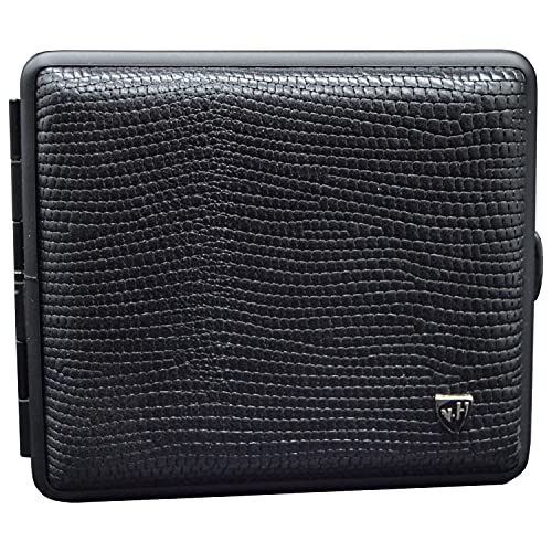 v.H Zigarettenetui für 18 Zigaretten (85mm normale Größe), Schwarzes Echtleder in Eidechsenlook, Rahmen matt schwarz, mit Gummiband - Metall Box mit Gummiband - handgefertigt in Deutschland von v.H 1912 VOM HOFE MANUFAKTUR