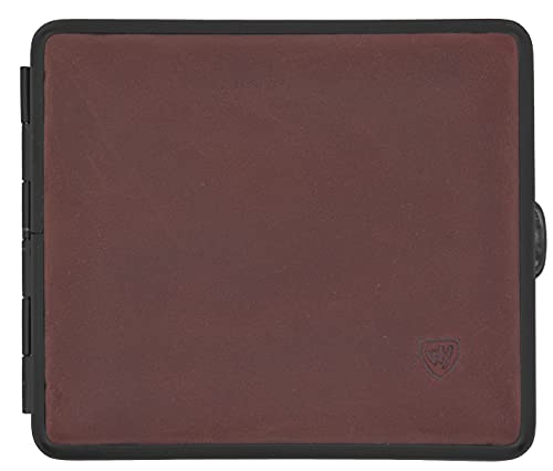 v.H Zigarettenetui für 18 Zigaretten (85mm normale Größe), Bordeauxrotes Echtleder im Softlook, Rahmen matt schwarz, mit Gummiband - Metall Box mit Gummiband - handgefertigt in Deutschland von v.H 1912 VOM HOFE MANUFAKTUR