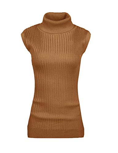 v28 Ärmelloses, dehnbares Strickpullover mit hohem Halsausschnitt für Damen - Braun - Mittel von v28