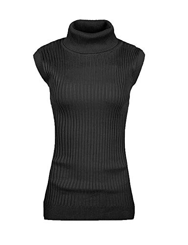 v28 Damen Ärmel gewelltes High Neck Pullover mit Stehkragen dehnbare Strickpullover Top Large Schwarz von v28