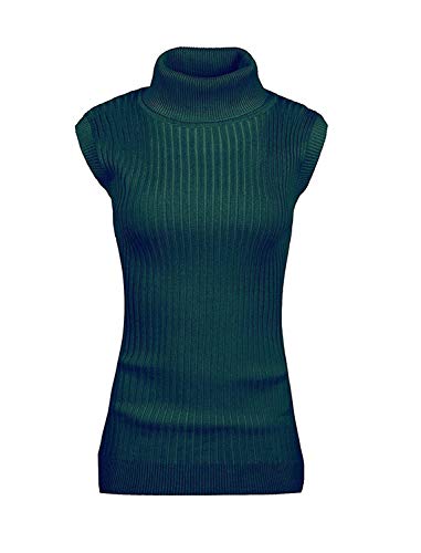 v28 Damen Ärmelloses, hohes Halsausschnitt, Rollkragen, dehnbares Strickpullover, 1 dunkelgrün, Mittel von v28