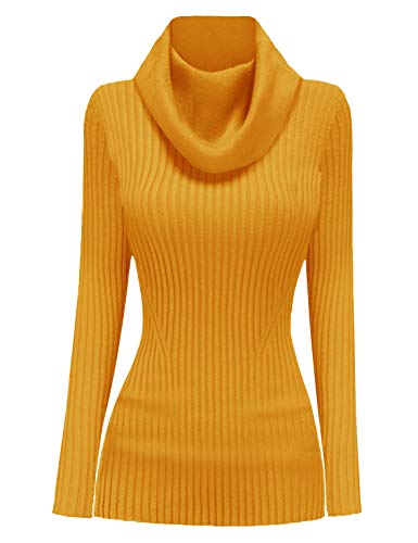 v28 Damen Dehnbare haube-Ansatz Knit Langarm Slim fit Bodycon Sweater klein Cowlneck senf von v28