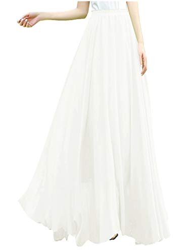 v28 Damen Full / Knöchel-Längen-elastische gefalteter Retro- Maxi Chiffon- langer Rock Mittel white2 von v28