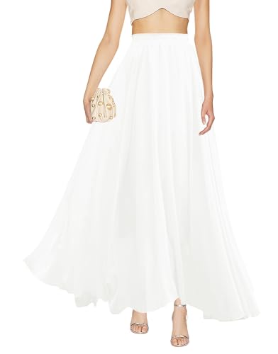 v28 Damen-Maxirock aus Chiffon mit elastischem Bund, plissiert, knöchellang, im Retro-Stil, Weiss/opulenter Garten, Mittel von v28