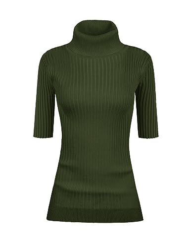 v28 Damen-Pullover mit Rollkragen, 1/2-Ärmel, sehr dehnbar, gerippt, eng anliegend, eng anliegend, Oliv/Blatt für mich (Leaf It to Me), Groß von v28